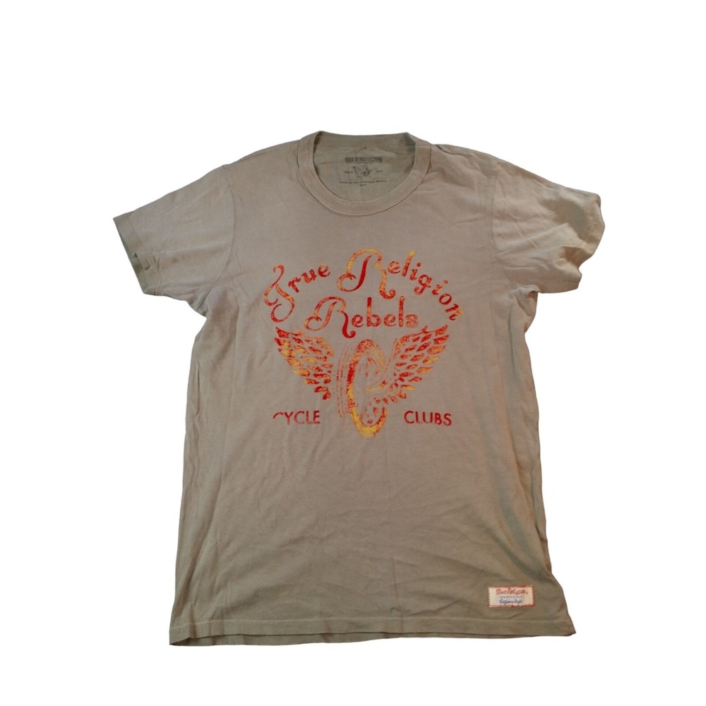 True‎ Religion Rebels Biker Graphic Tee Medium Khaki Winged Cycle Club Horseshoe